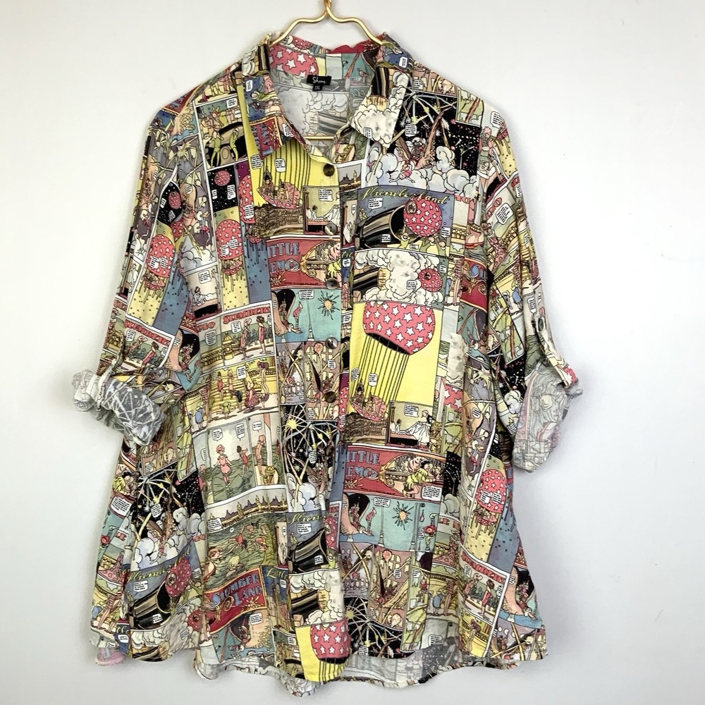 Shana Sz XXL Comic Print Button Down Shirt Back Zipper Pockets Roll Tab Pop Art - Picture 2 of 11